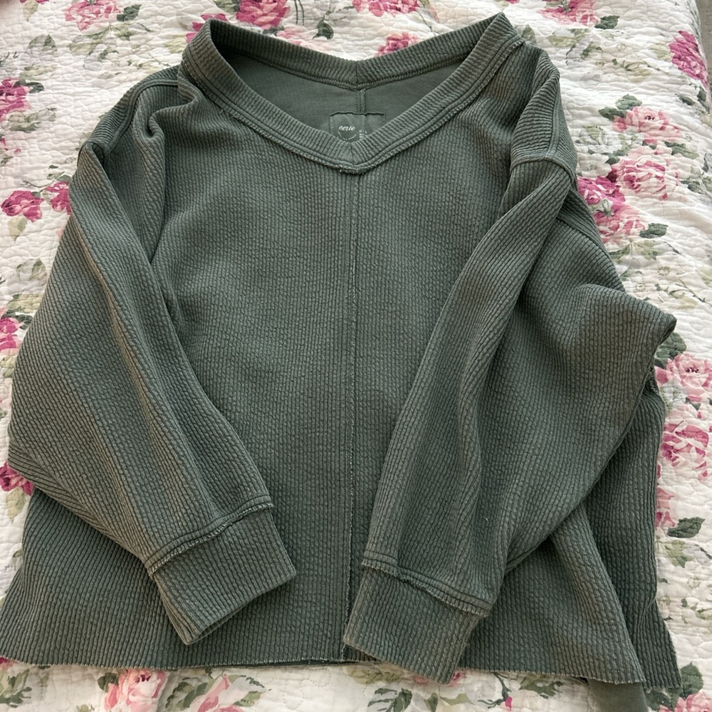 Aerie Green V-Neck Sweater with Ribbed Cuffs